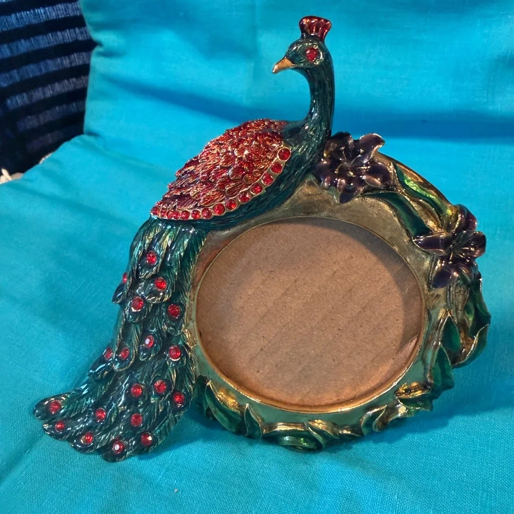 Vintage Style Peacock Enameled Picture Frame Red Rhinestone Floral Gold Tone 5in